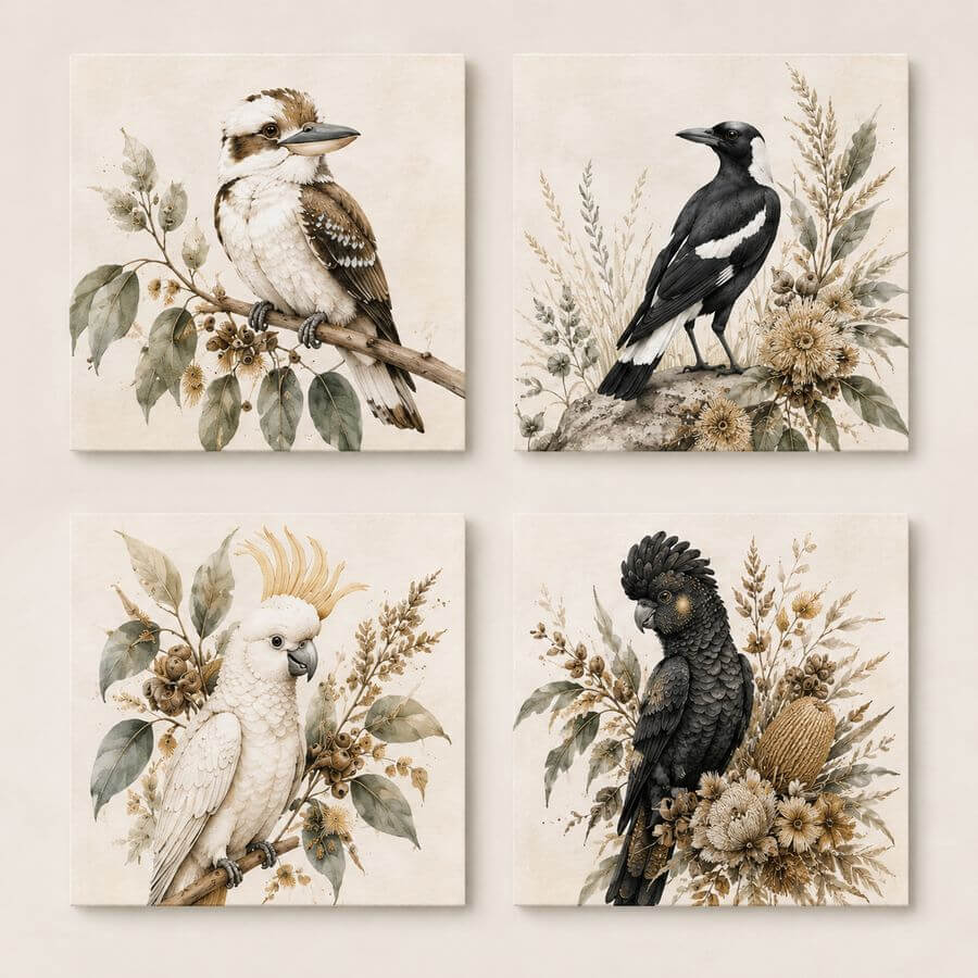 Set of 4 Australian Soul photo tiles &mdash; kookaburra, magpie, sulphur-crested cockatoo and black cockatoo in botanical watercolour style
