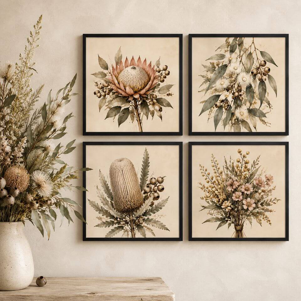 4 black-framed Australian botanical tiles above a warm styled console &mdash; King Protea, gum blossoms, banksia and wildflowers