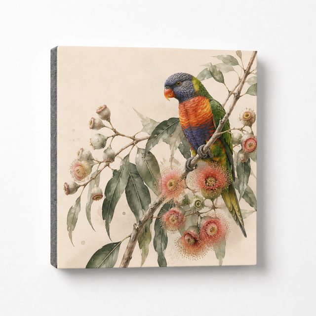 Australian Soul foam tile &mdash; rainbow lorikeet on a flowering gum branch in botanical watercolour style