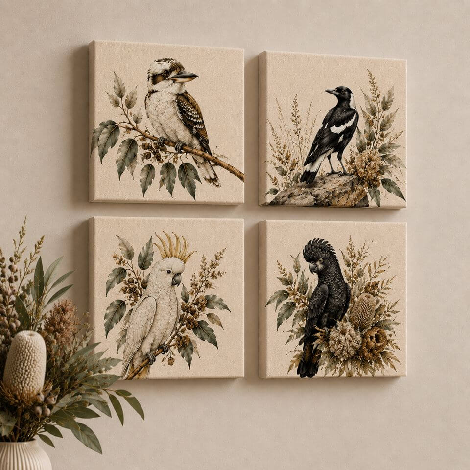 4 Australian Soul foam tiles on a natural linen-tone wall &mdash; kookaburra, magpie, white cockatoo and black cockatoo