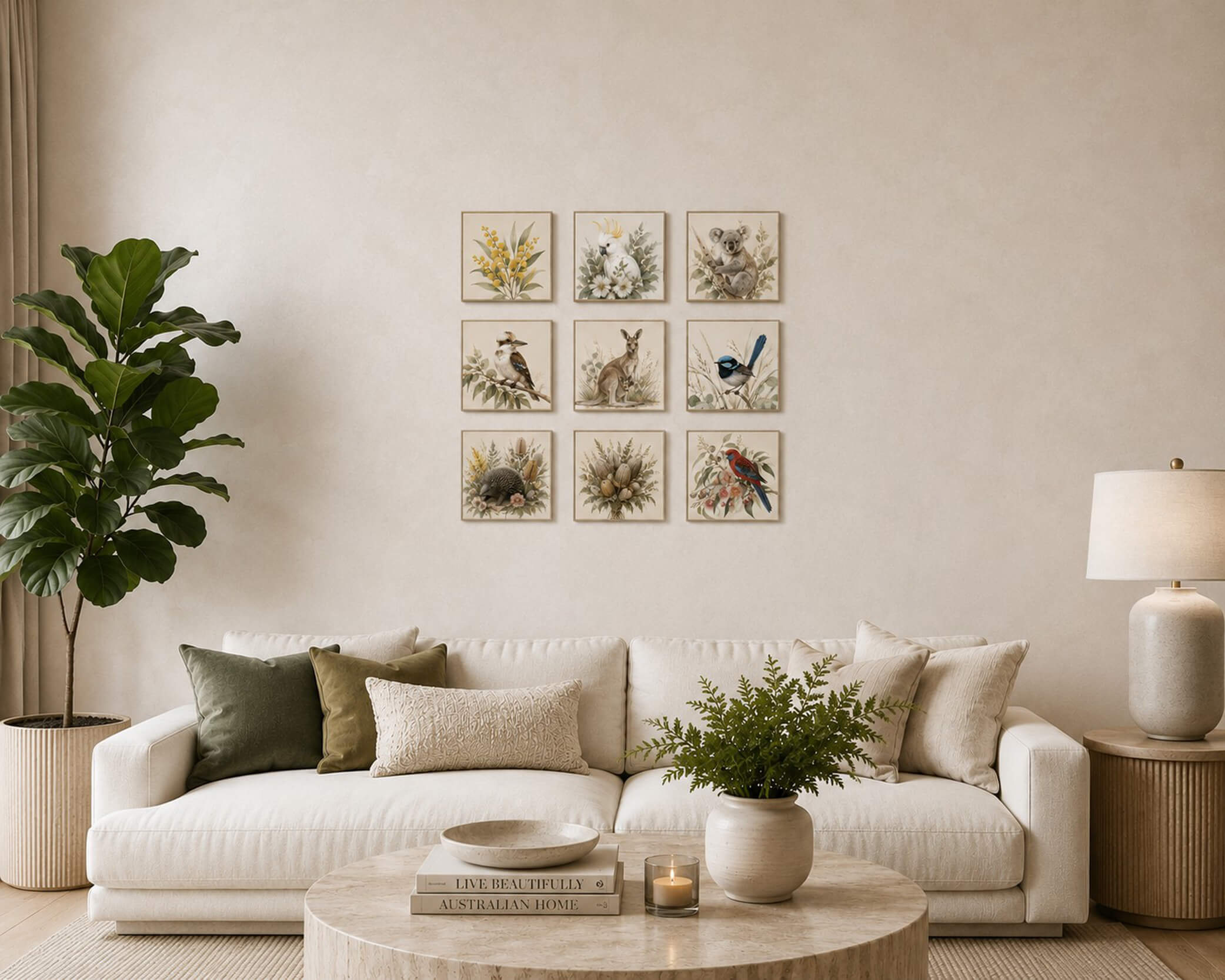9 Australian Soul oak-framed tiles in a 3&times;3 grid in a Scandi living room &mdash; native birds and botanical watercolour art