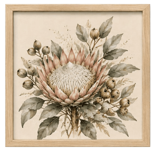 Australian Soul tile in a natural oak timber frame &mdash; warm earth tones complementing the botanical artwork