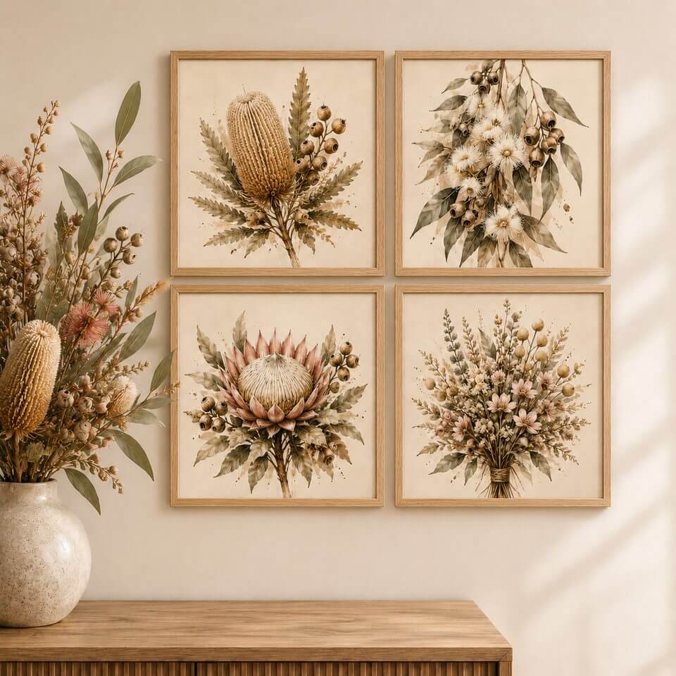 Australian Soul oak-framed tiles &mdash; botanical watercolour art in warm natural oak timber frames
