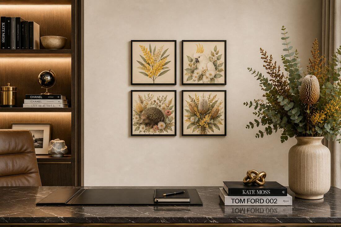 4 black-framed Australian Soul tiles in a luxury home study &mdash; wattle, eucalyptus, cockatoo and echidna artwork above a marble desk