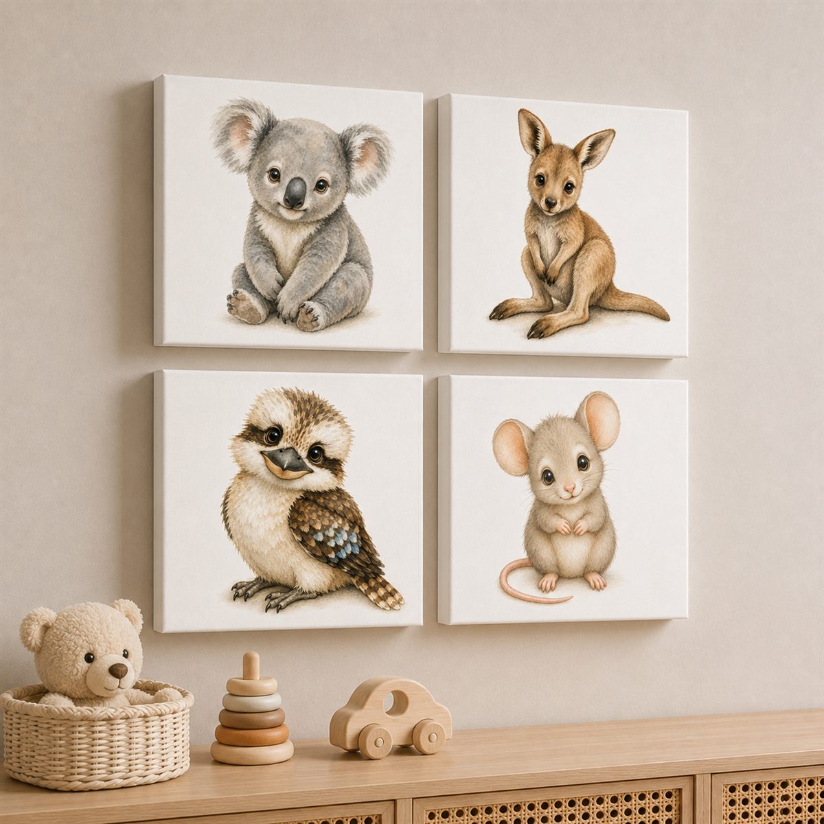 Baby Animals canvas tiles on a nursery wall — soft illustrated animal prints on linen canvas