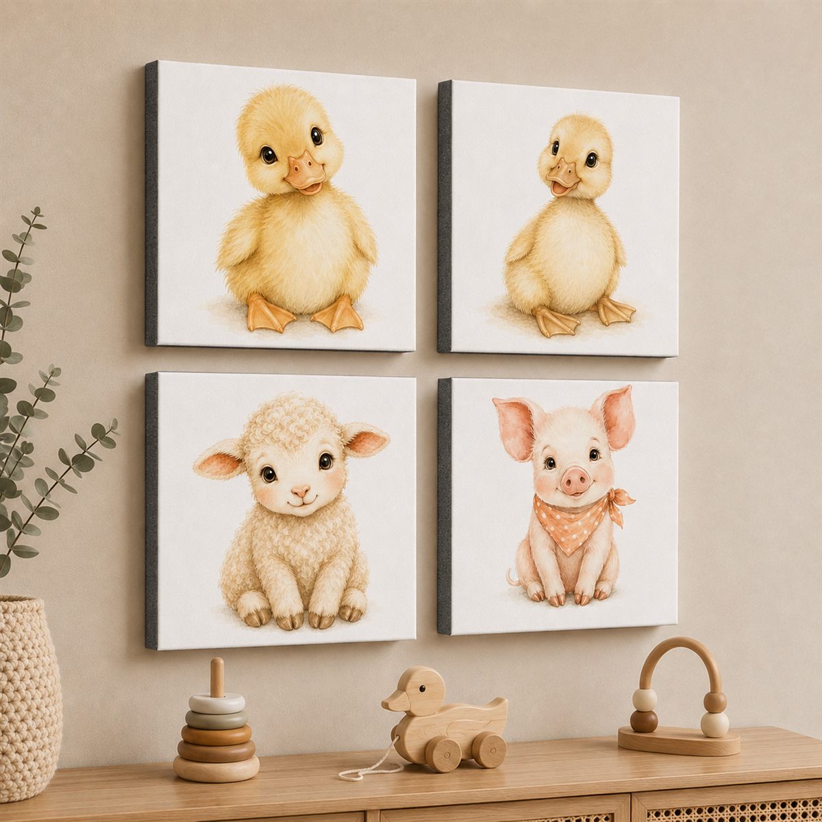 Baby Animals foam tiles on a wall — repositionable and wall-safe illustrated animal prints