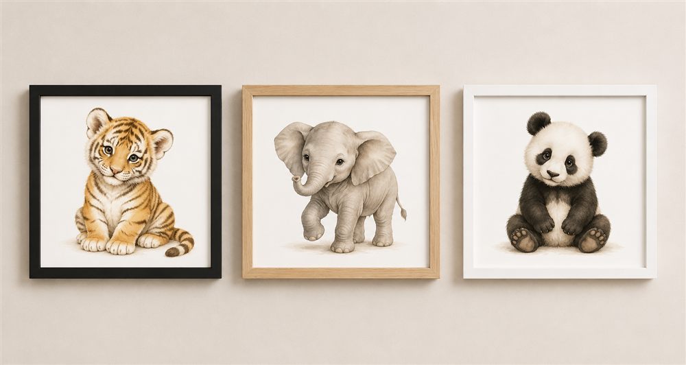 Baby Animals Frame Tile options — illustrated animal prints displayed in black, oak and white timber frames