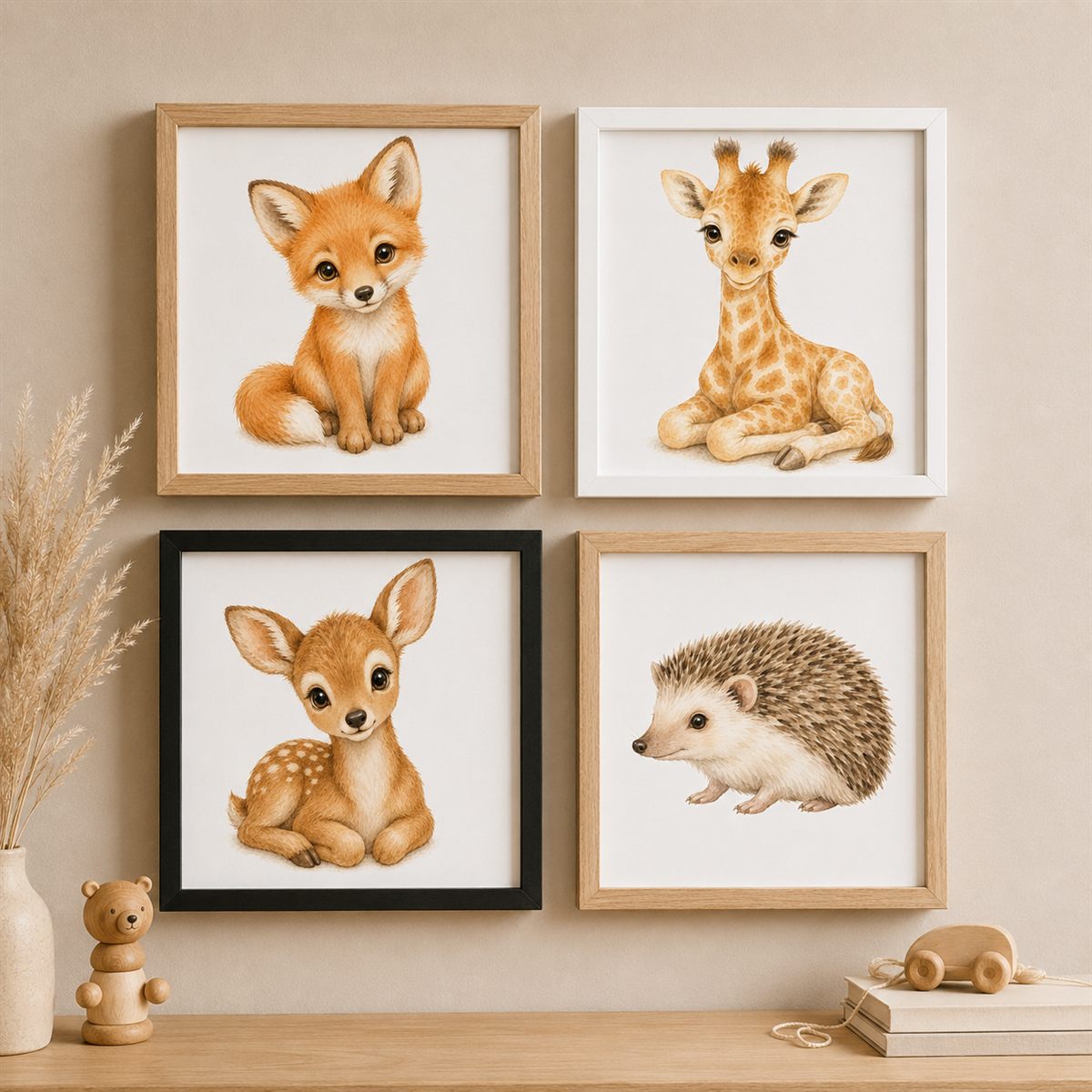 Baby Animals framed tiles on a wall — illustrated animal prints in timber frames