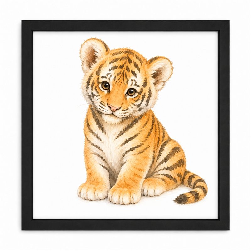 Baby Animals frame tile options — illustrated baby animal prints in black, oak and white frames