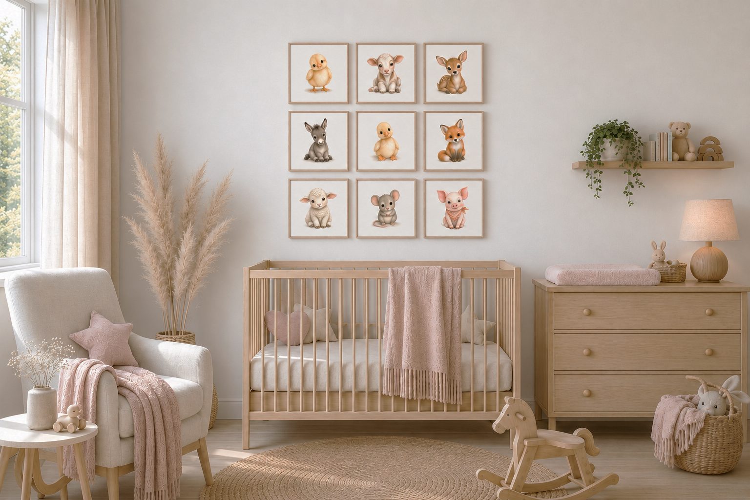Baby Animals ready-to-print collection — soft illustrated tiles of baby animals in a nursery setting