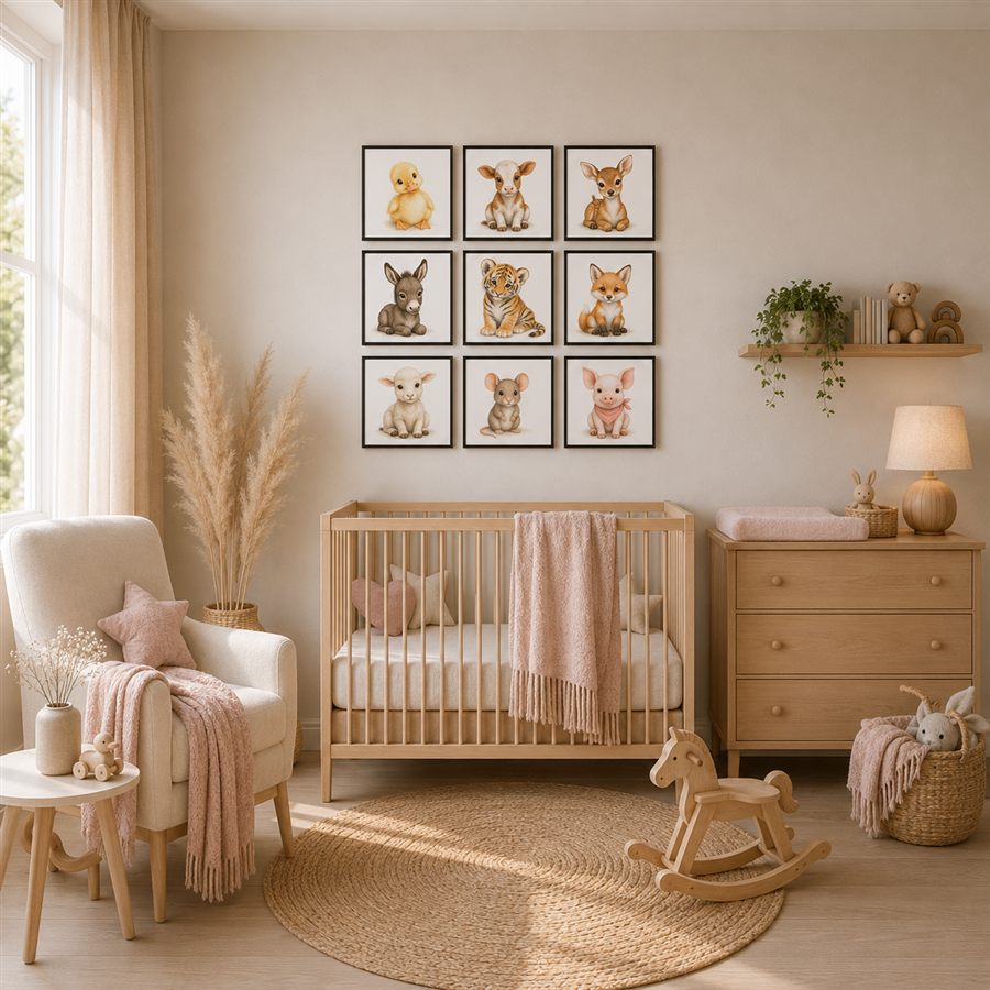 Baby Animals tiles displayed in a nursery room setting — soft illustrated animal prints on the wall