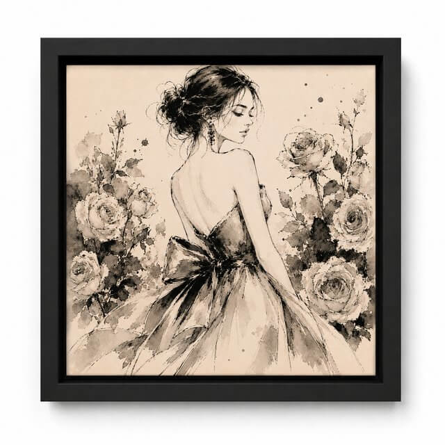 Fashion House tile in a black frame &mdash; Rose Garden couture illustration with bold editorial contrast