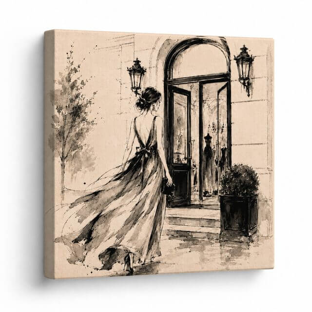 Single Fashion House canvas tile &mdash; a woman in a flowing evening gown entering a Parisian boutique, ink-wash illustration