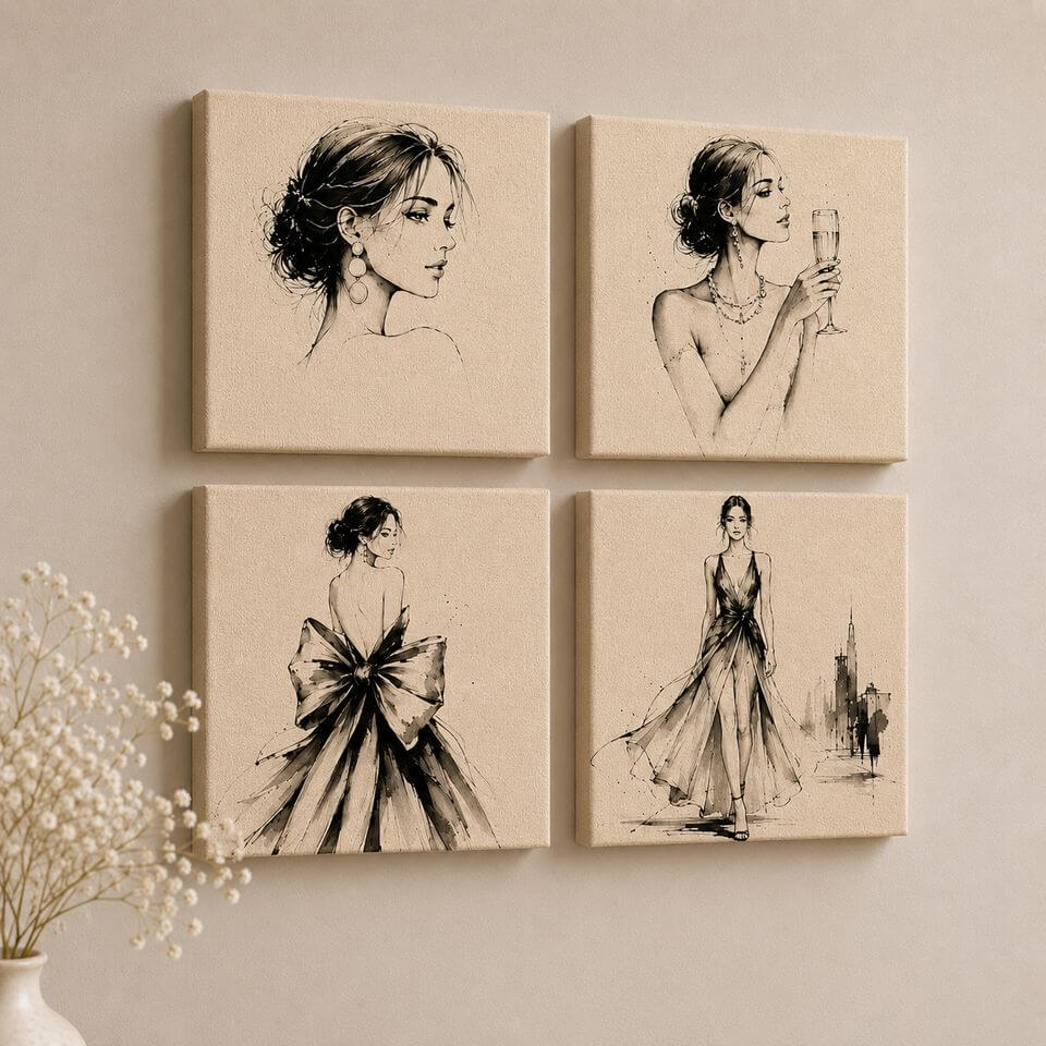 4 Fashion House canvas tiles on a warm neutral wall &mdash; fashion illustration sketches of a portrait, champagne toast, backless dress and evening gown