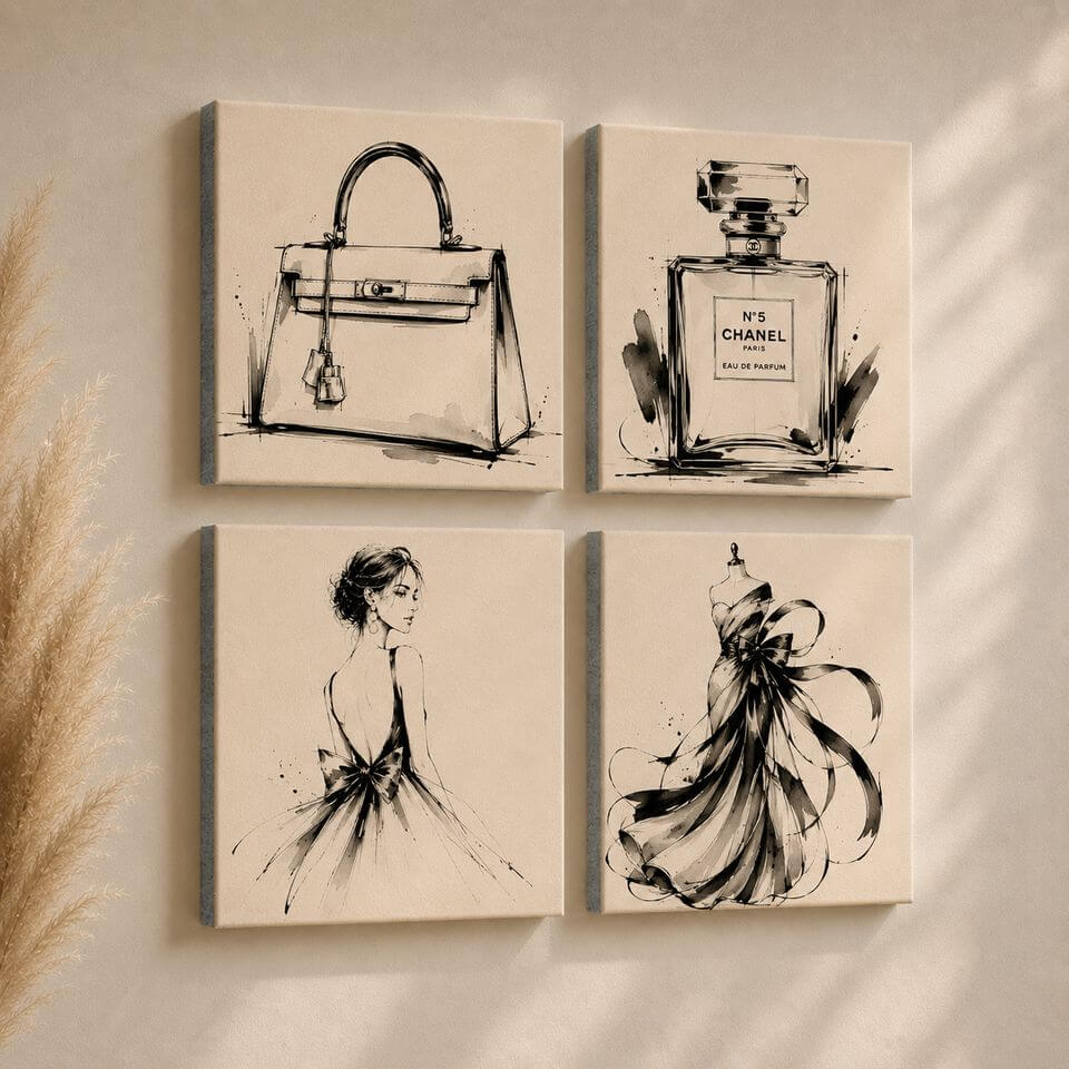 4 Fashion House foam tiles on a beige wall &mdash; Herm&egrave;s Kelly bag, Chanel No.5 and couture gown illustrations