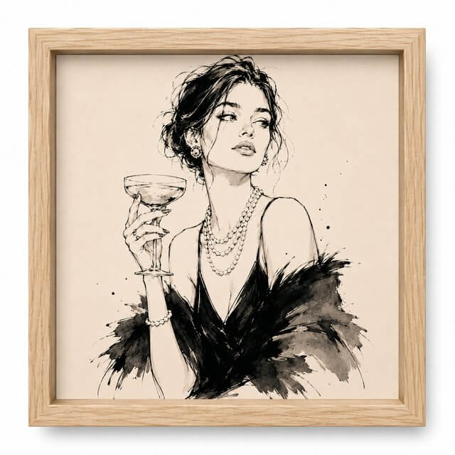 Fashion House tile in a natural oak frame &mdash; Champagne and Pearls couture illustration