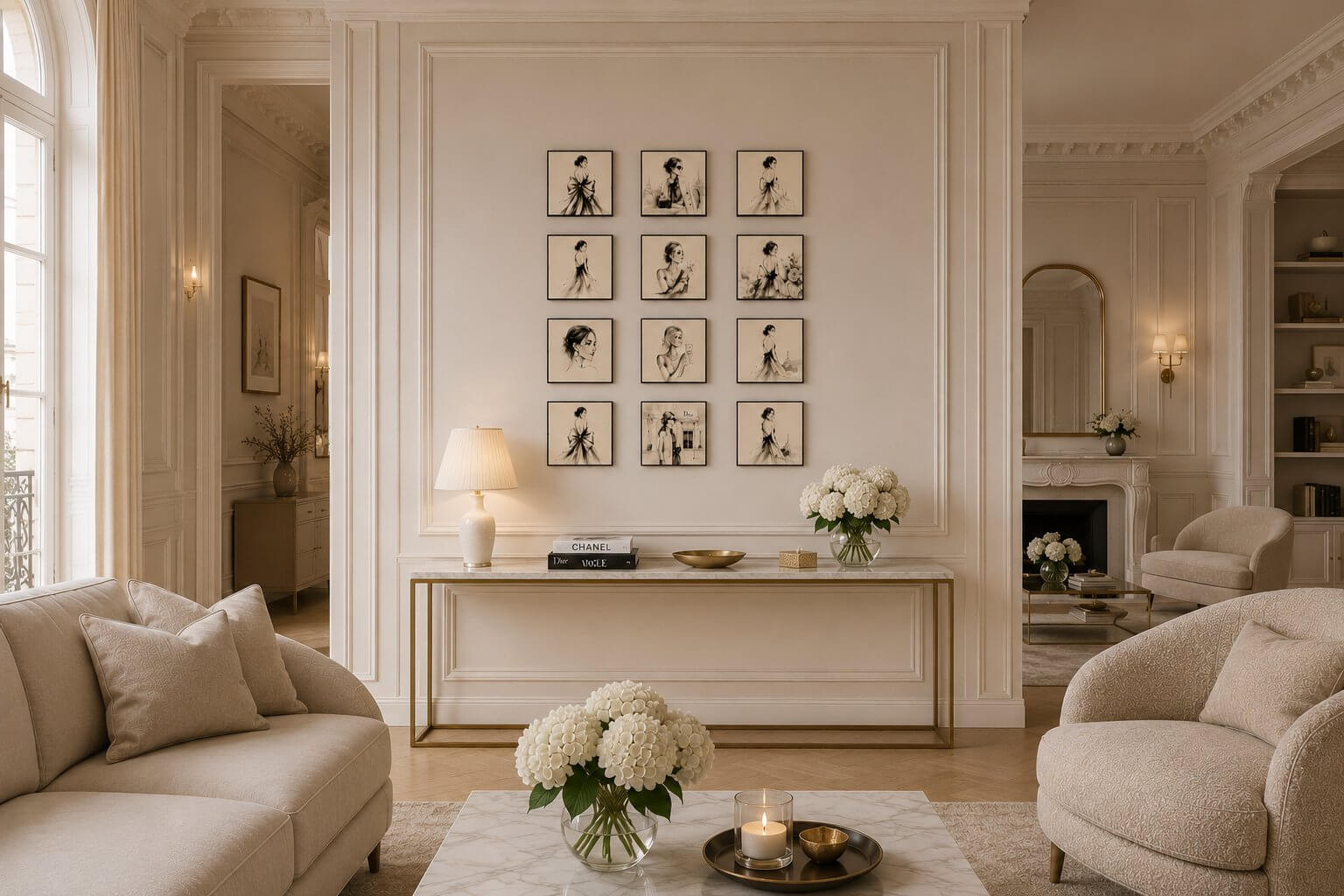 9 Fashion House black-framed tiles in a 3&times;3 grid in a Parisian salon &mdash; couture fashion illustration wall art