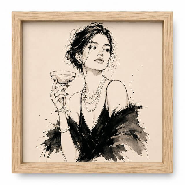 Fashion House tile in a natural oak timber frame &mdash; Champagne and Pearls couture illustration with warm artisan finish