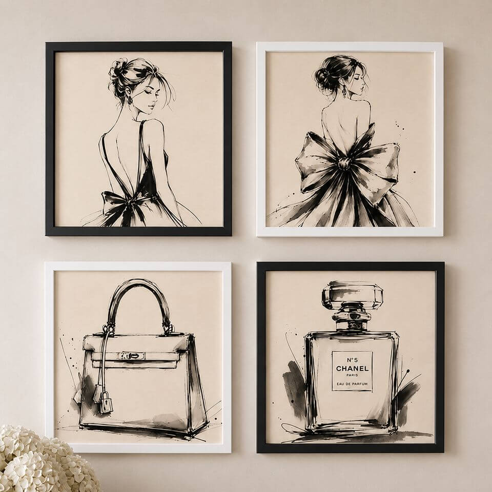 4 framed Fashion House photo tiles on a neutral wall &mdash; couture fashion illustration in black and white frames