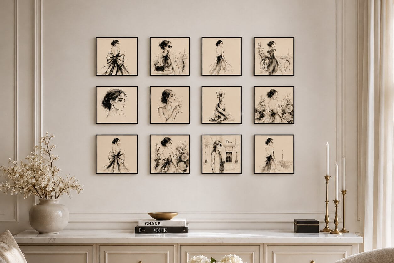 12 black-framed Fashion House tiles in a 4&times;3 grid on a Parisian interior wall &mdash; couture fashion illustration gallery