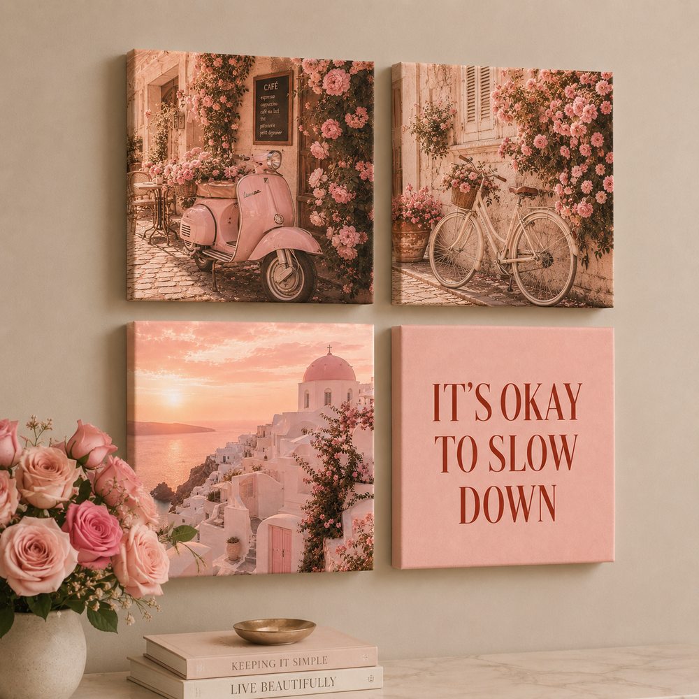 Four La Dolce Blush canvas tiles on a warm wall &mdash; Italian vespa café, flower-lined bicycle, Santorini and quote tile