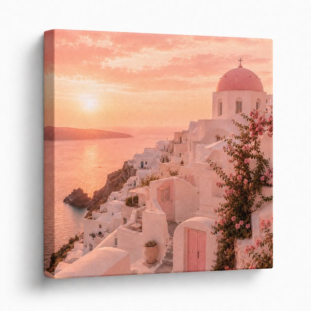 La Dolce Blush canvas tile &mdash; Santorini at pink sunset printed on stretched canvas