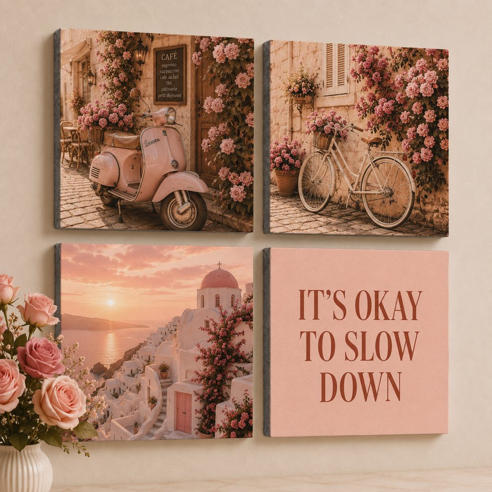 Four La Dolce Blush foam tiles on a warm beige wall &mdash; Italian lifestyle scenes in blush and peach tones