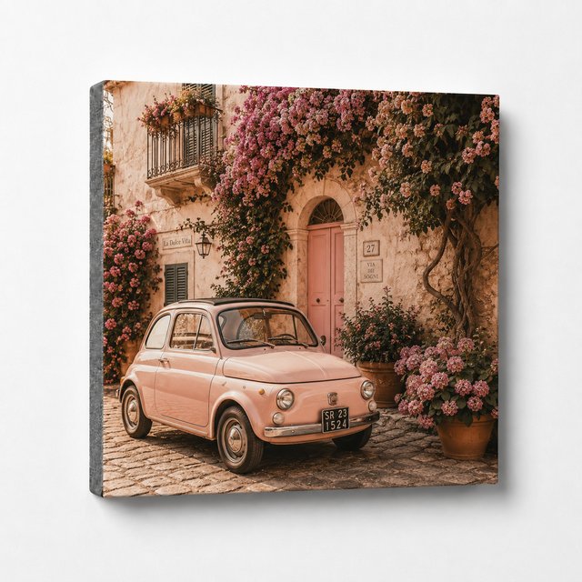 La Dolce Blush foam tile &mdash; pink Fiat 500 on an Italian cobblestone street with flowering vines