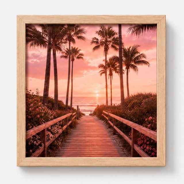 La Dolce Blush oak frame tile &mdash; palm boardwalk at sunset in a natural timber frame