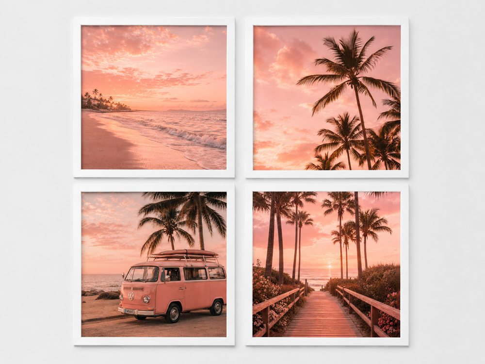 Four white-framed La Dolce Blush photo tiles on a wall &mdash; beach sunset, palm trees, VW campervan and hot air balloons in blush tones