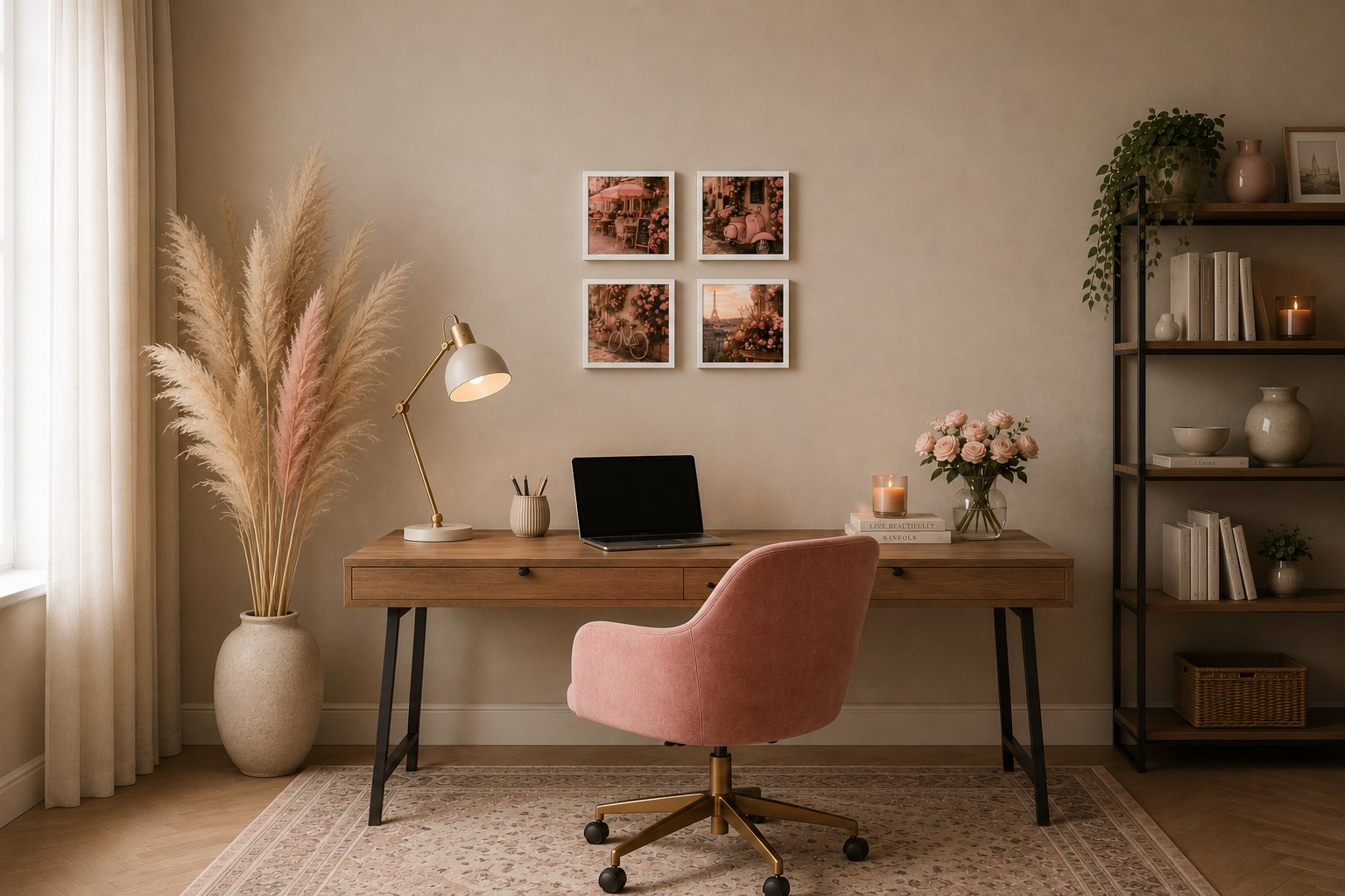 Four La Dolce Blush framed tiles above a warm timber desk in a styled home office &mdash; blush art with pink chair and pampas grass