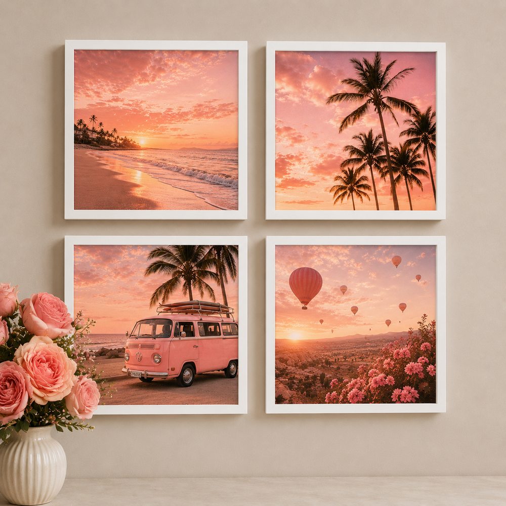Four white-framed La Dolce Blush photo tiles &mdash; blush sunsets and travel scenes in white frames on a beige wall