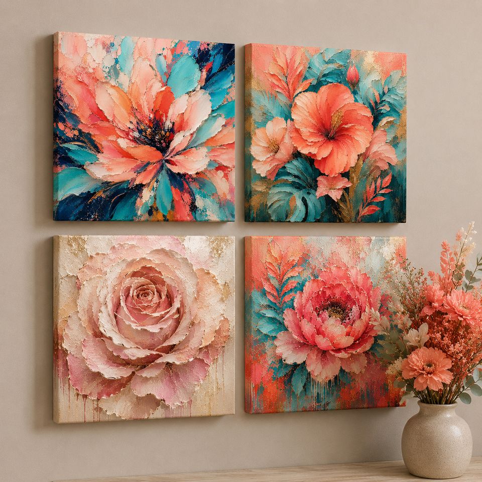 Four Luxury Impasto Floral canvas tiles on a wall &mdash; painterly peonies and dahlias in bold botanical tones
