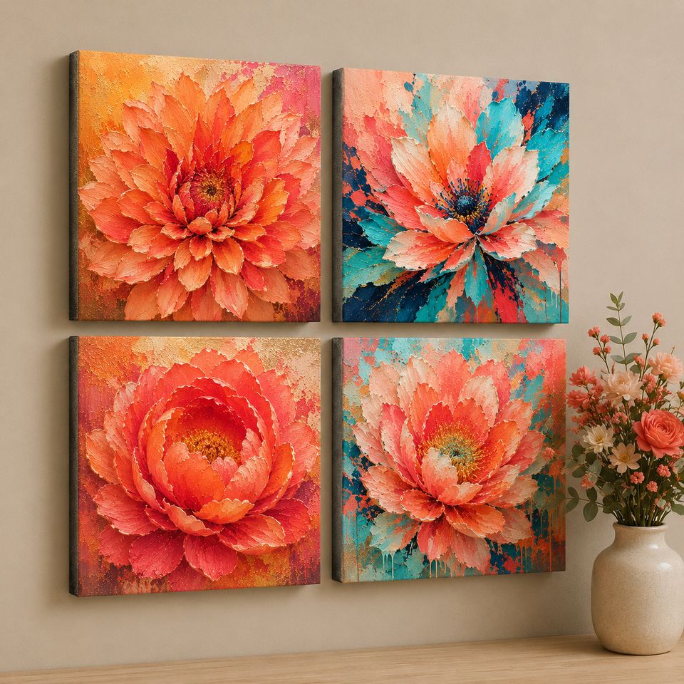 Four Luxury Impasto Floral foam tiles on a wall &mdash; bold floral art in coral and blush tones