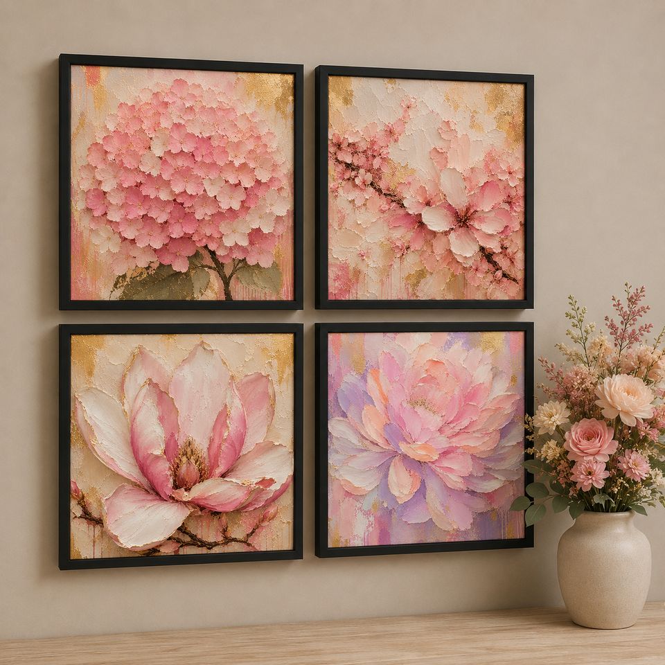Four Luxury Impasto Floral frame tiles on a wall &mdash; bold botanical art in black, oak and white frames