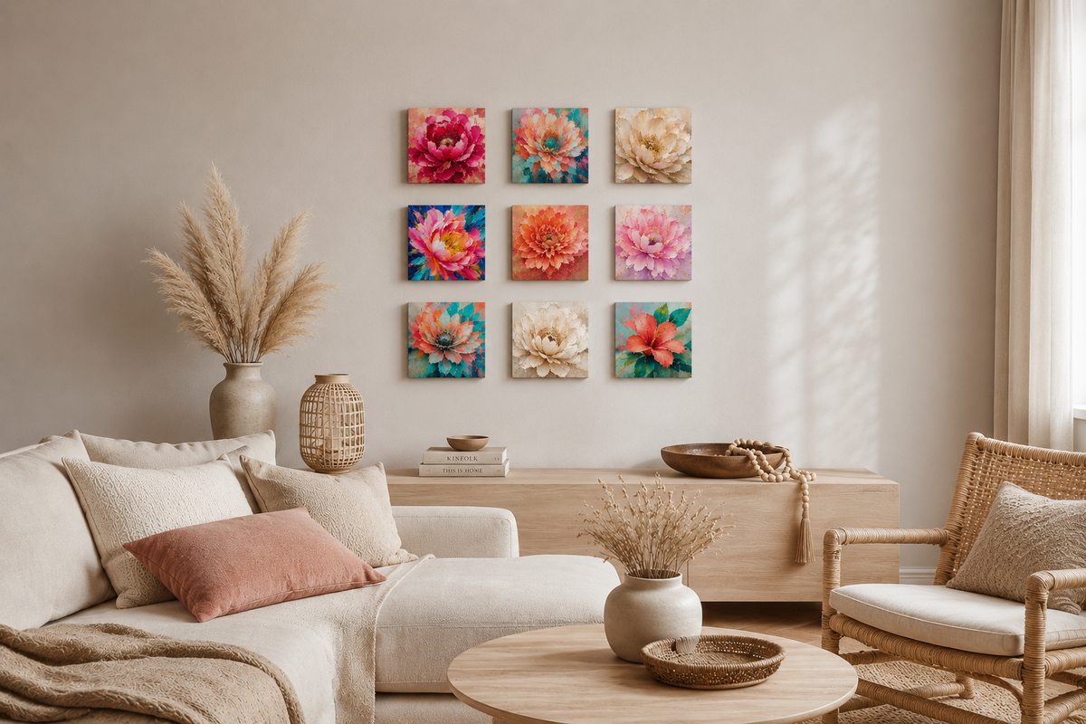 Luxury Impasto Floral gallery wall &mdash; bold painterly floral art tiles on a styled interior wall