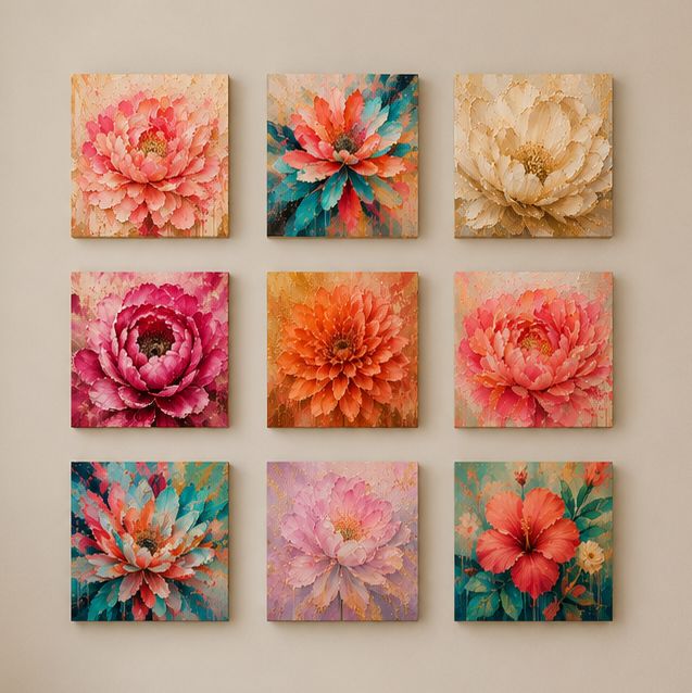 Four Luxury Impasto Floral photo tiles on a wall &mdash; bold peonies and florals in rich coral and blush tones