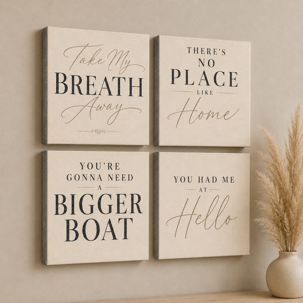 Four Movie Quotes foam tiles on a warm wall &mdash; classic movie quote typography art in cream and linen tones