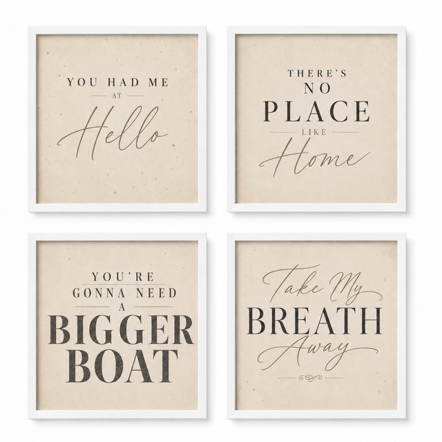Movie Quotes tiles in white frames &mdash; clean minimal typography art in a white frame set