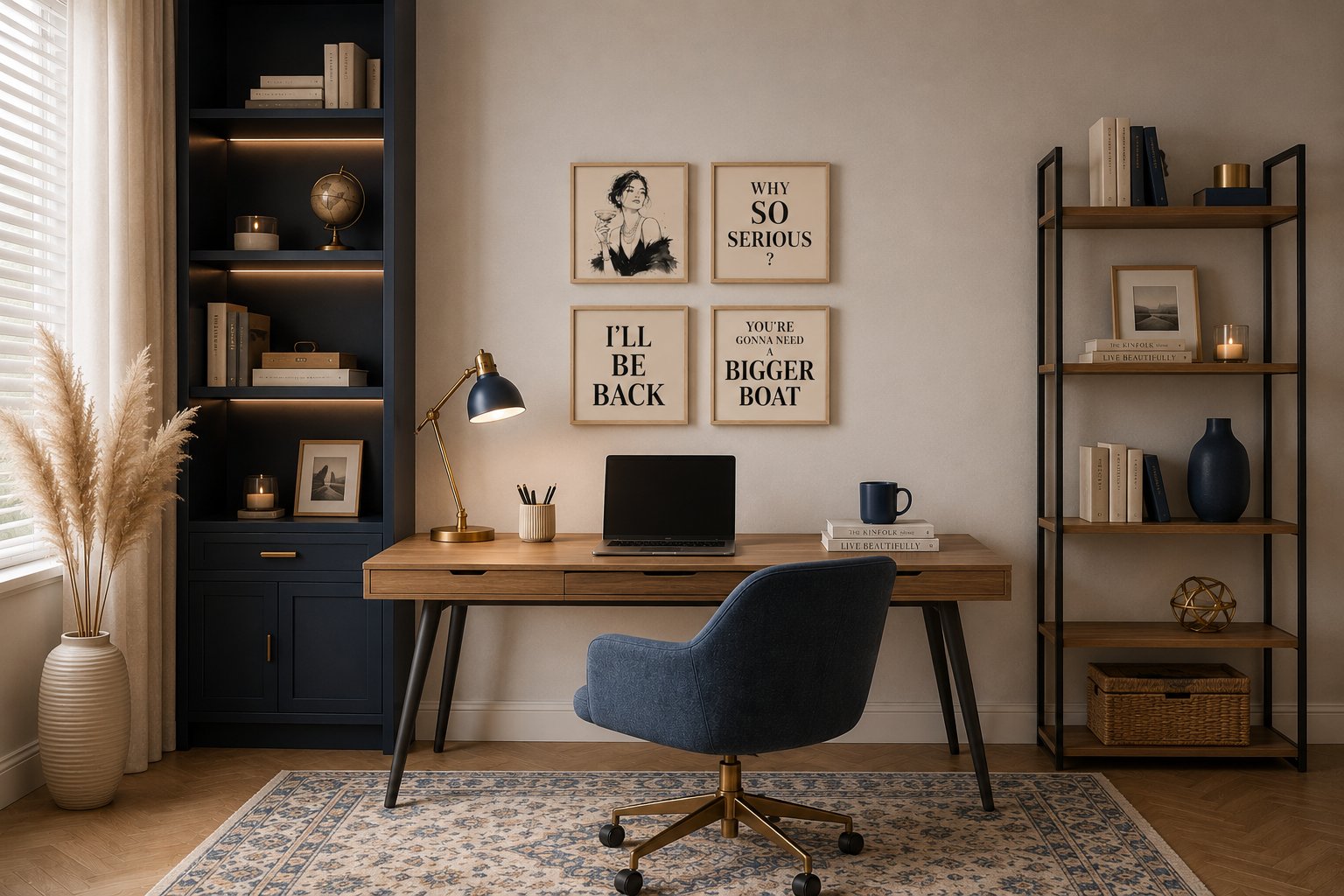 Four movie quote tiles on a navy wall in a styled home office &mdash; Why So Serious, I&rsquo;ll Be Back, Bigger Boat and You&rsquo;re The One That I Want